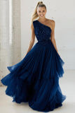 Sparkly Navy One Shoulder Sequins A Line Long Wedding Guest Dress with Ruffles