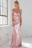 Pink Satin Sheath Ruched Off The Shoulder Long Bridesmaid Dress