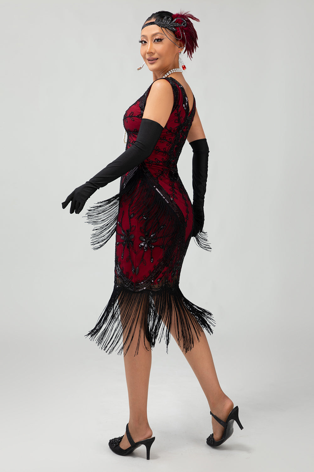 Fringed Black Red Sequin 1920s Dress with 5-Piece Accessory Set
