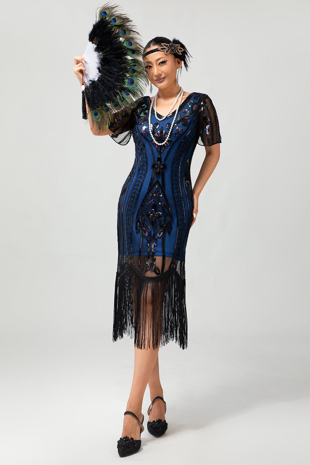 Apricot Fringed Sequin 1920s Flapper Dress with Short Sleeves