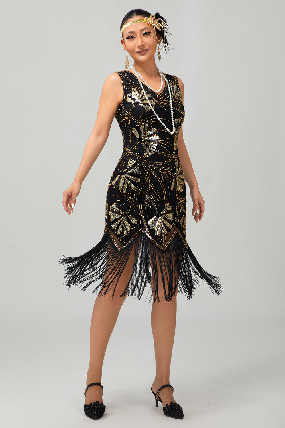 Sparkly Black Golden Fringed 1920s Dress