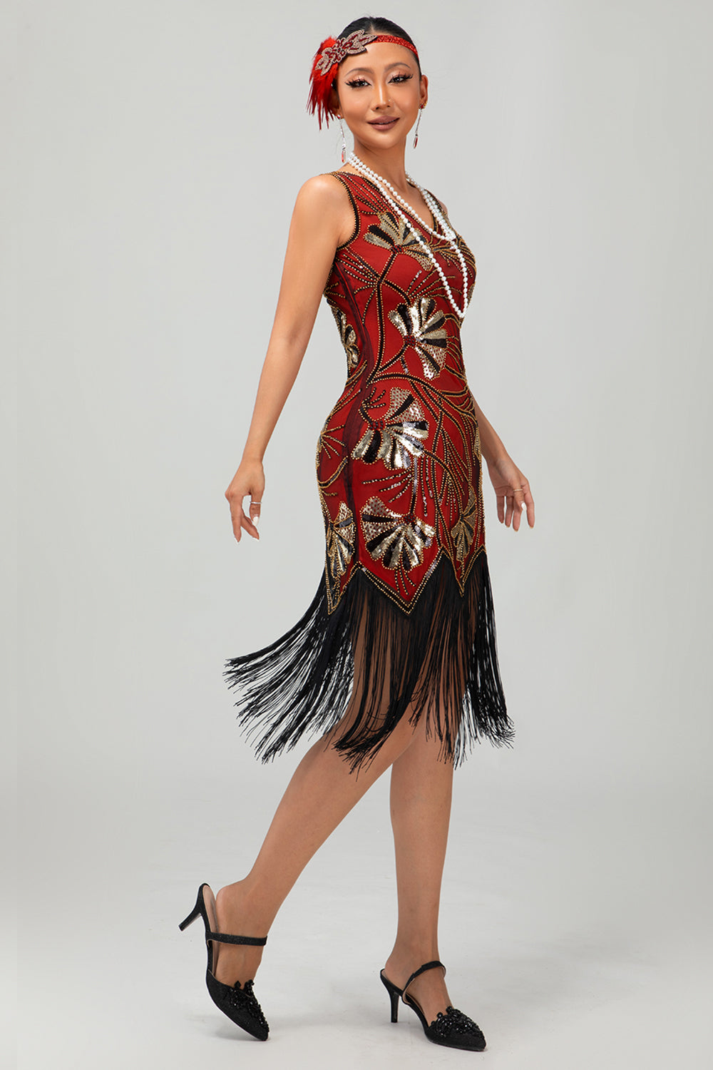 Red Golden Sequin 1920s V Neck Bodycon Flapper Dress with Tassles