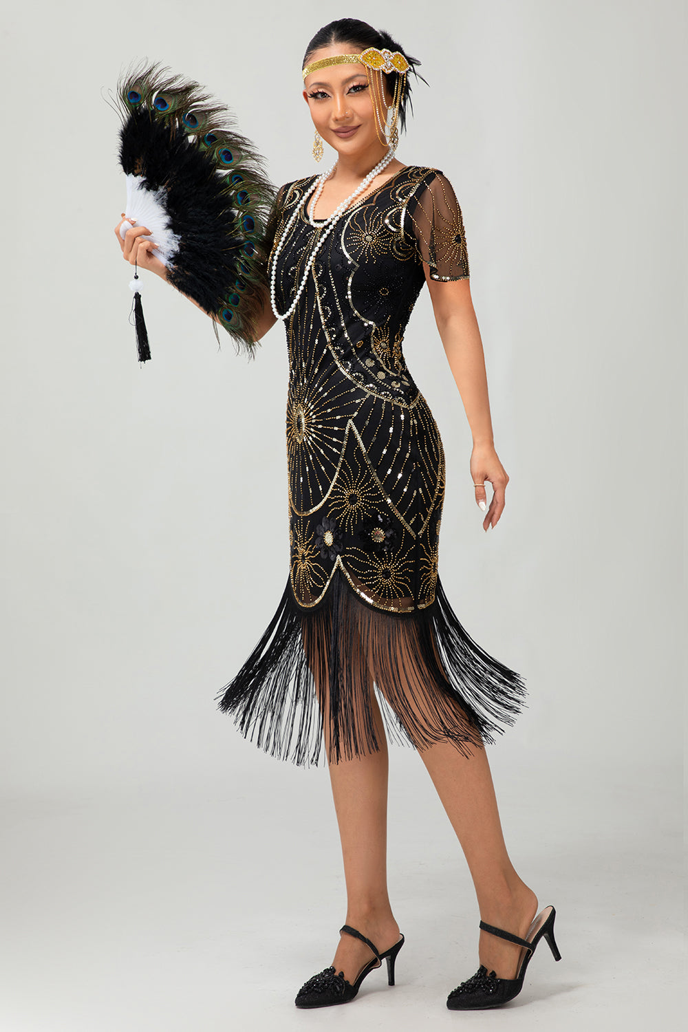 Beaded Black Golden Fringed Bodycon 1920s Dress