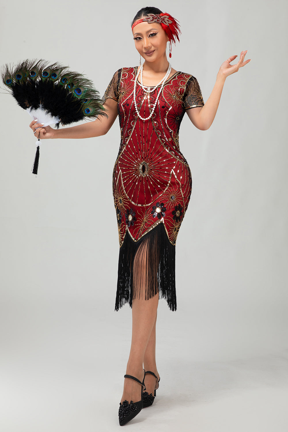 Gatsby Black Silver Scoop Fringed Bodycon 1920s Dress with Sequins