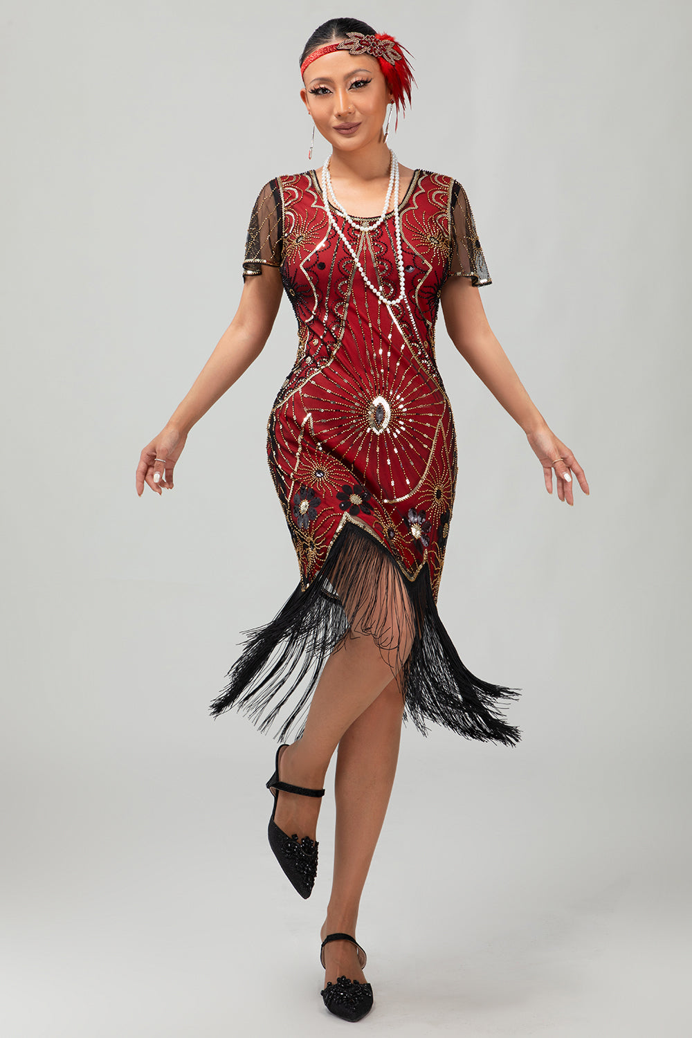 Sequin Fringed Scoop Neck Black Red 1920s Dress with 5 Piece Accessory Set