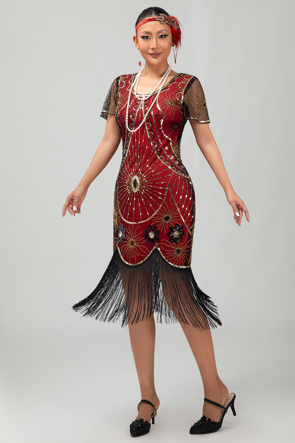Gatsby Black Silver Scoop Fringed Bodycon 1920s Dress with Sequins