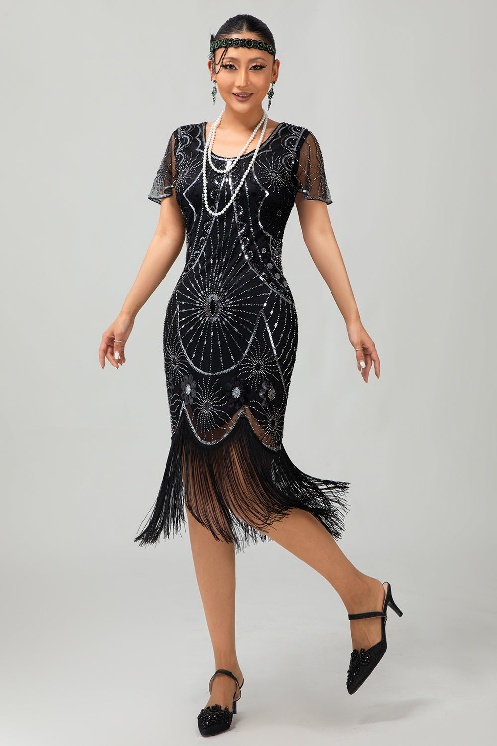 Gatsby Black Silver Scoop Fringed Bodycon 1920s Dress with Sequins