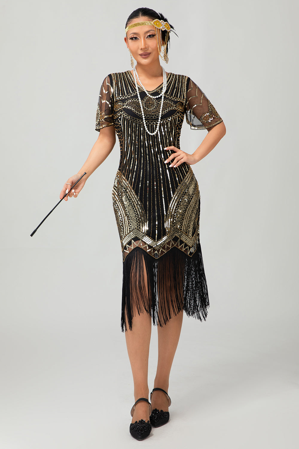 Black Silver Sequin V Neck Bodycon 1920s Dress with Tassels