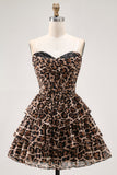 Brown Leopard A-Line Sweetheart Corset Tiered Ruffle Homecoming Dress