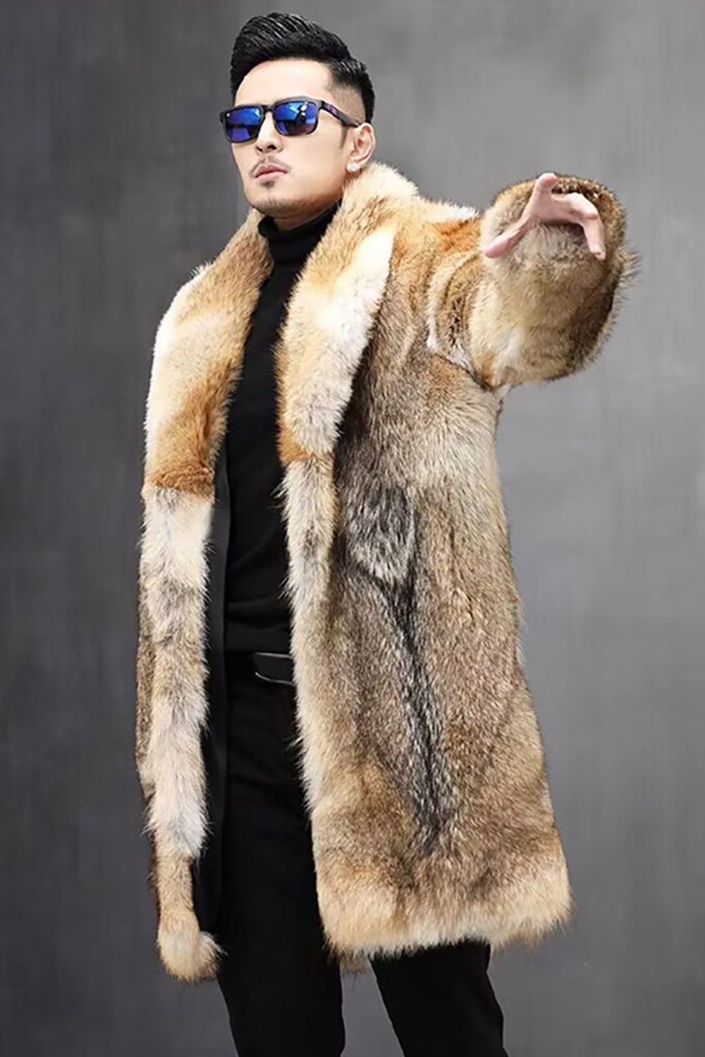Brown Winter Lapel Thickened Men's Faux Fur Coat