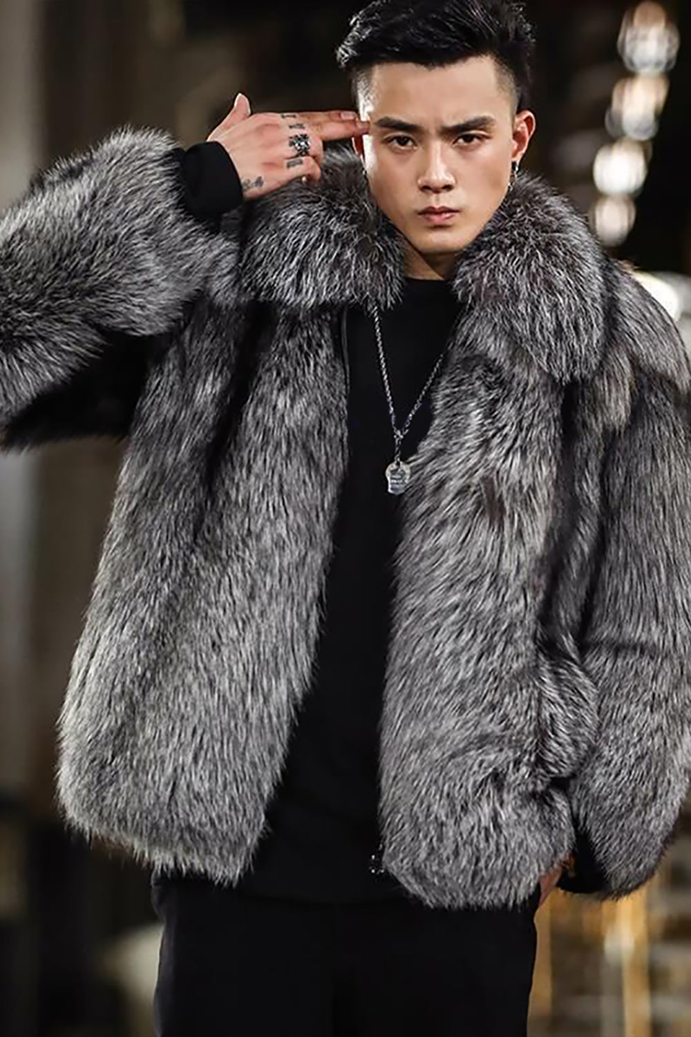 Silver Grey Long Sleeves Men's Faux Fur Coat