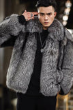Silver Grey Long Sleeves Men's Faux Fur Coat
