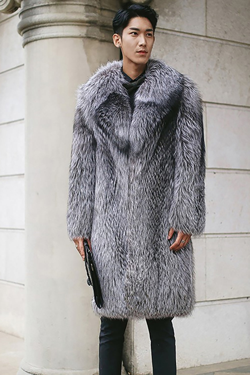 Faux Fur Silver Grey Thickened Lapel Men's Coat