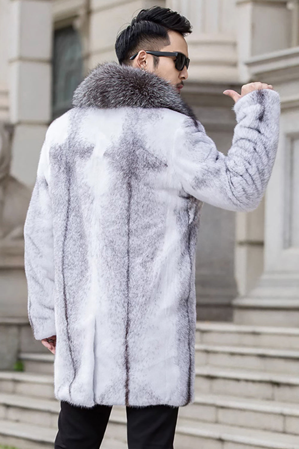 White Long Sleeves Thickened Faux Fur Men's Coat