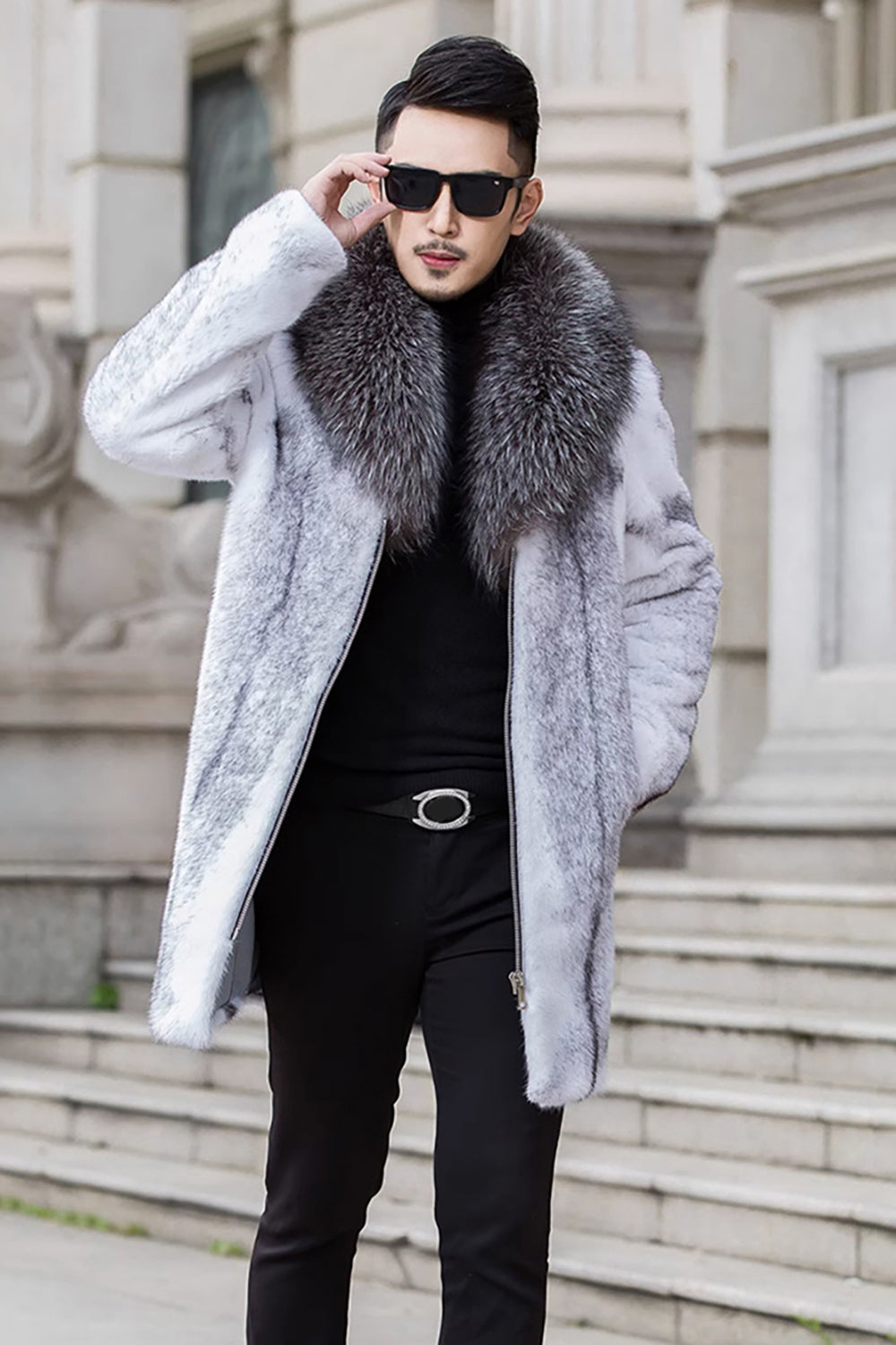 White Long Sleeves Thickened Faux Fur Men's Coat
