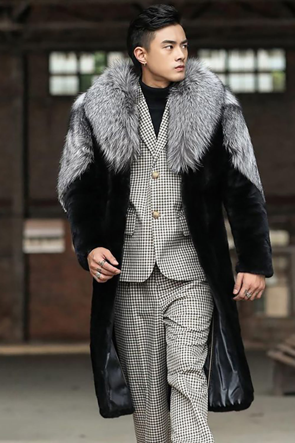 Thickened Lapel Long Sleeves Black Men's Faux Fur Coat