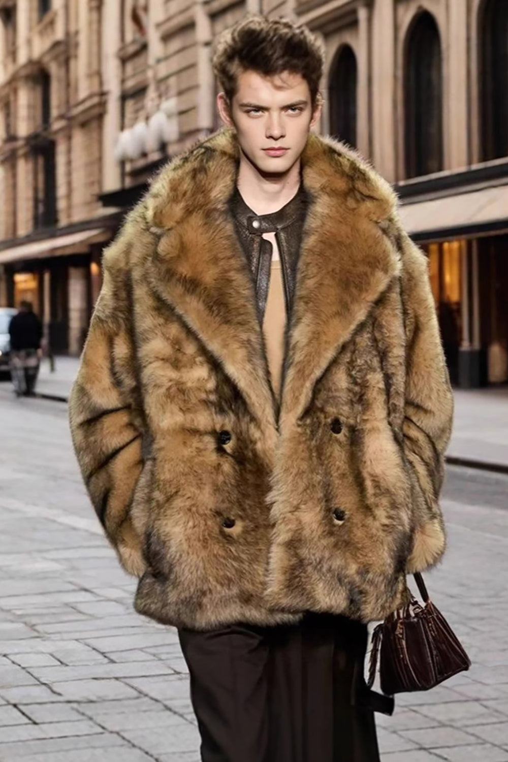 Notched Lapel Camel Long Sleeve Men's Faux Fur Coat