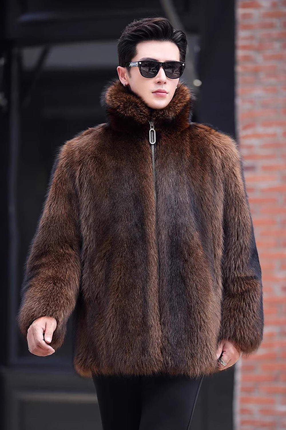 Brown Warm Thickened Faux Fur Short Men's Coat