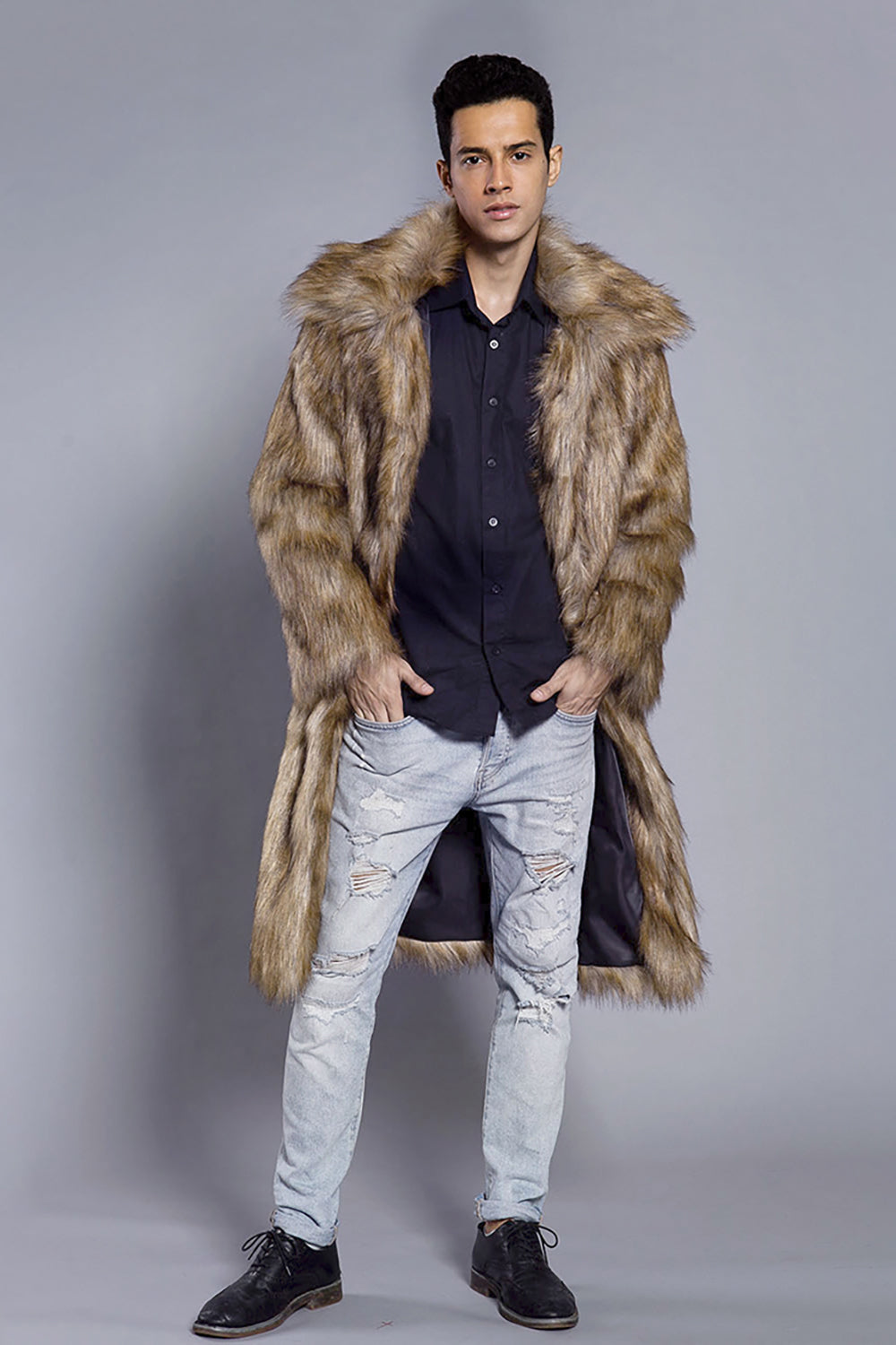 Brown Midi Faux Fur Warm Thickened Men's Coat