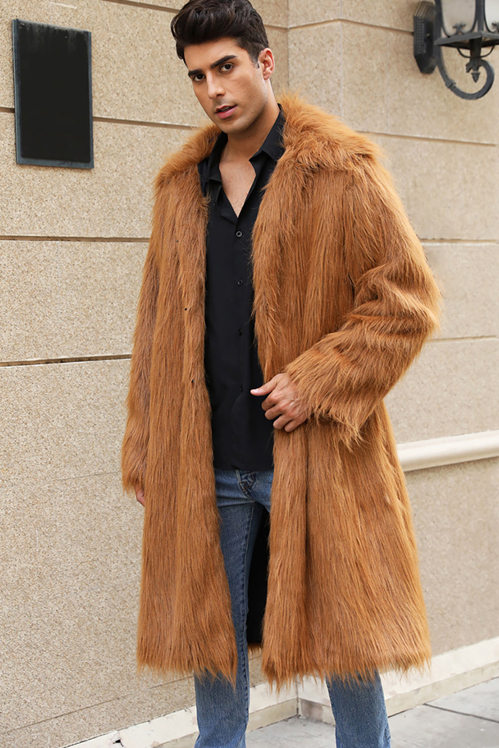Brown Midi Faux Fur Warm Thickened Men's Coat