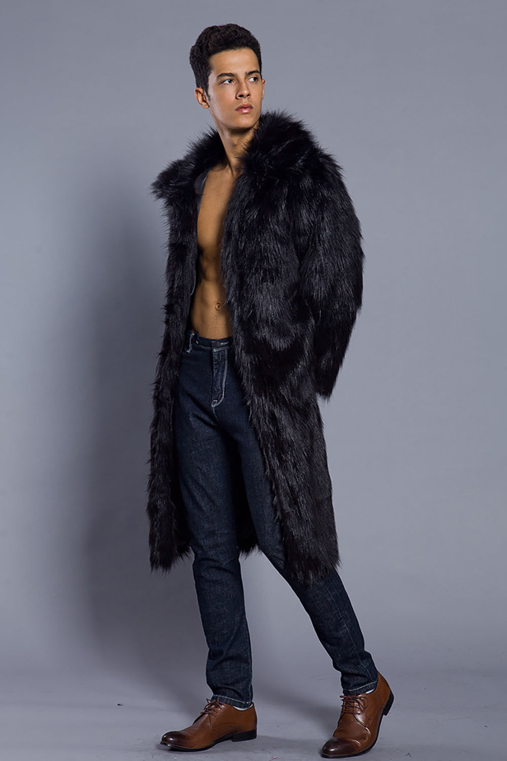 Brown Midi Faux Fur Warm Thickened Men's Coat