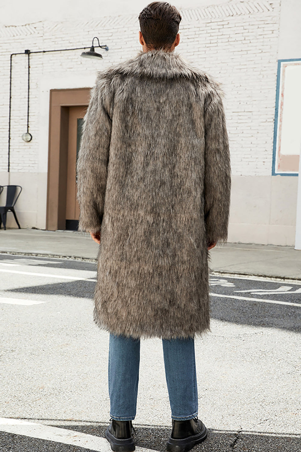 White Grey Long Front Open Polo Collar Fur Coat