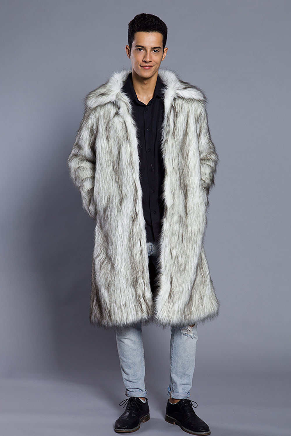 White Grey Long Front Open Polo Collar Fur Coat