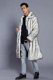 White Grey Long Front Open Polo Collar Fur Coat