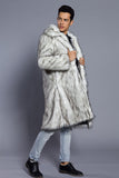 White Grey Long Front Open Polo Collar Fur Coat