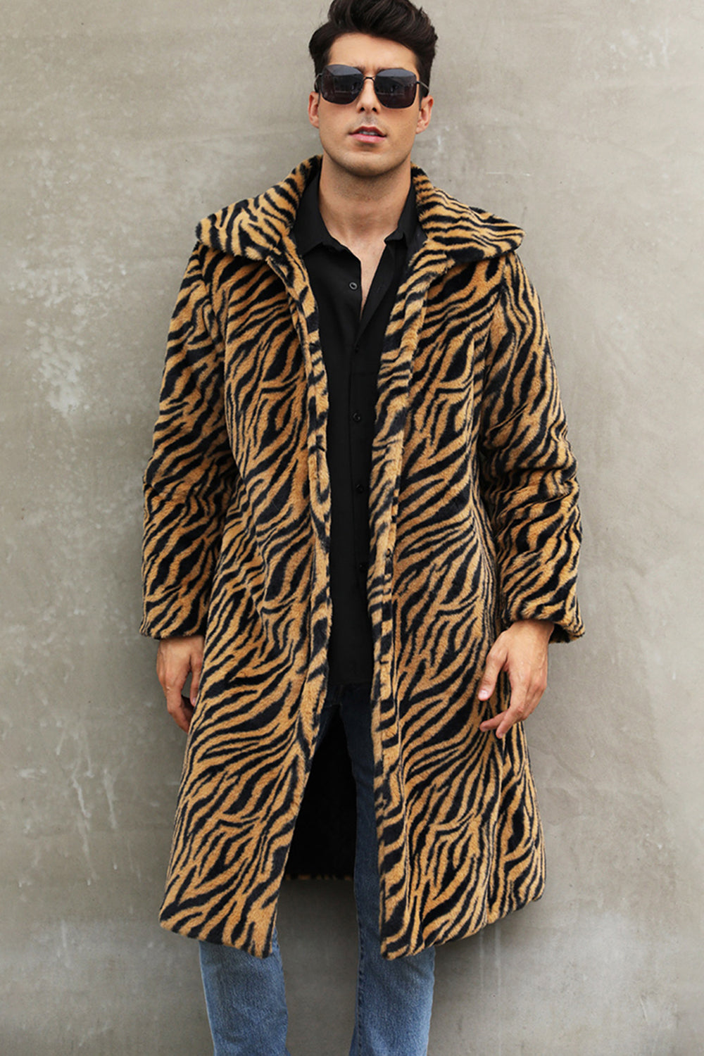 White and Black Straps Long Faux Fur Men's Winter Coat