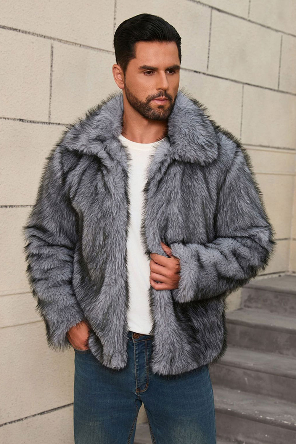 Grey Faux Fur Short Winter Men's Coat