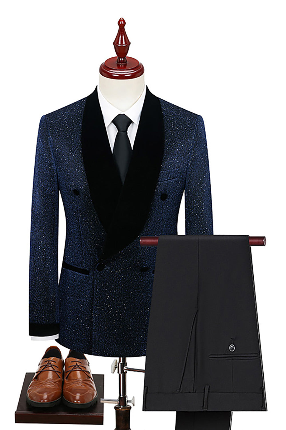 Sparkly Navy Sequin Shawl Lapel 2 Pieces Slim Fit Men's Prom Suits