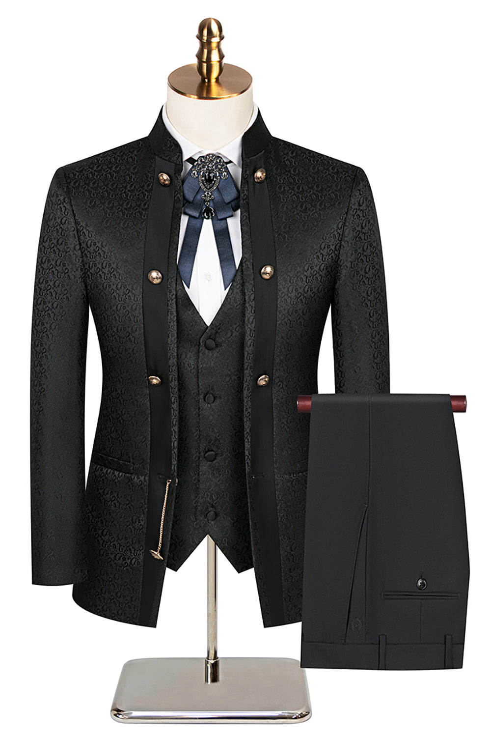 Stand Collar Jacquard Black 3 Pieces Men's Suits