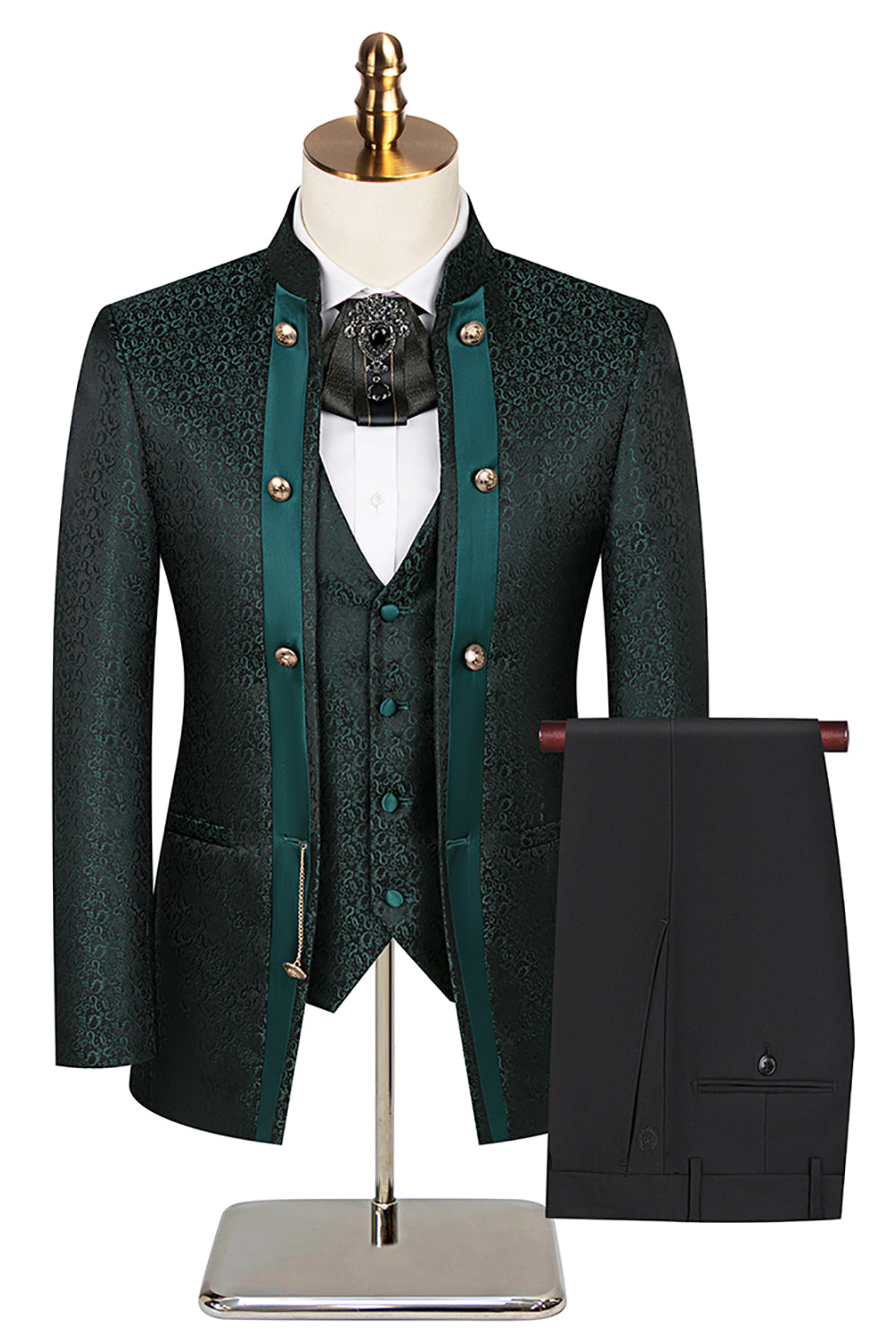 Stand Collar Jacquard Black 3 Pieces Men's Suits