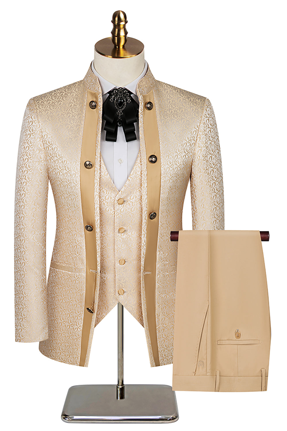 Stand Collar Jacquard Black 3 Pieces Men's Suits