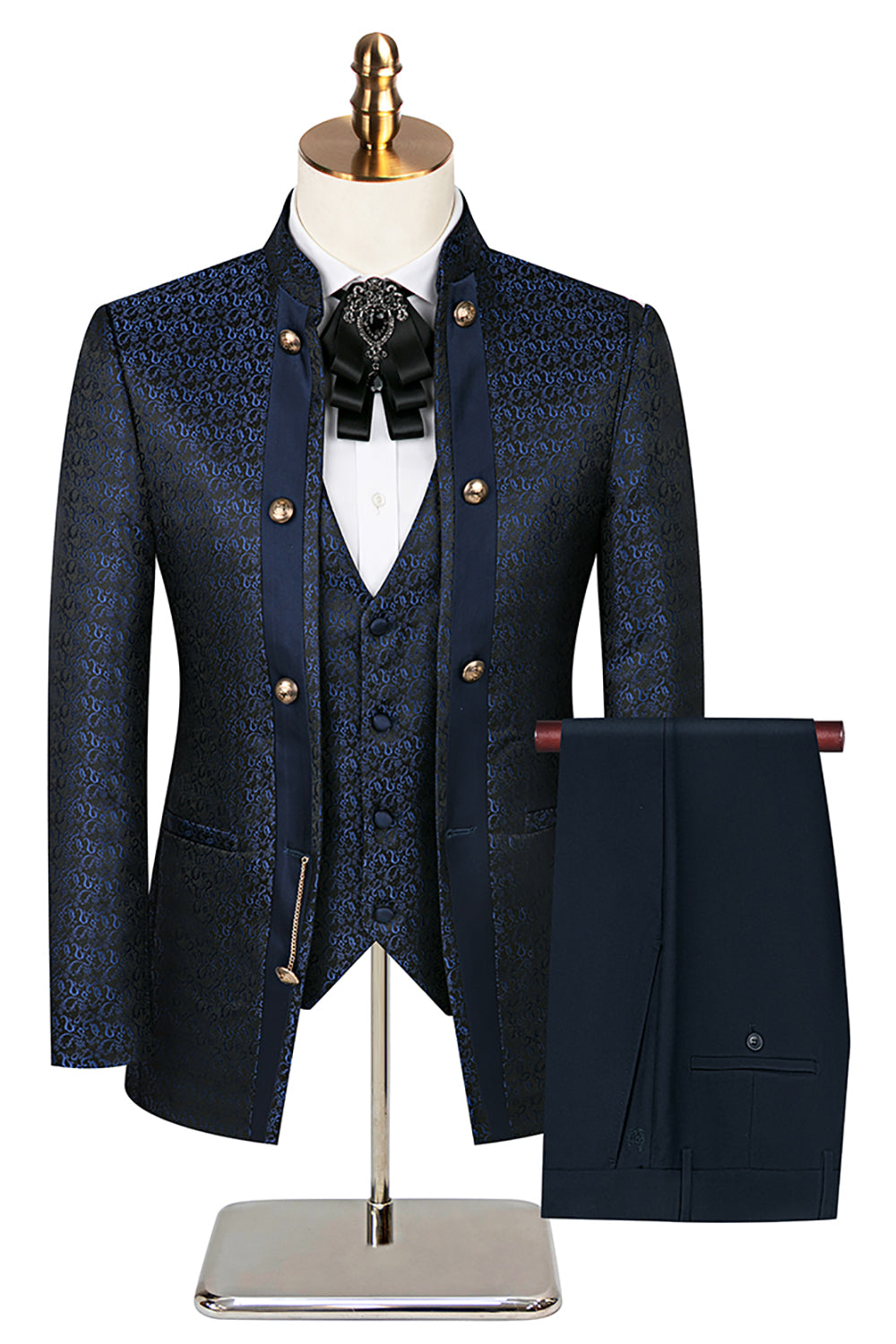 Stand Collar Jacquard Black 3 Pieces Men's Suits