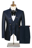 Stand Collar Jacquard Black 3 Pieces Men's Suits
