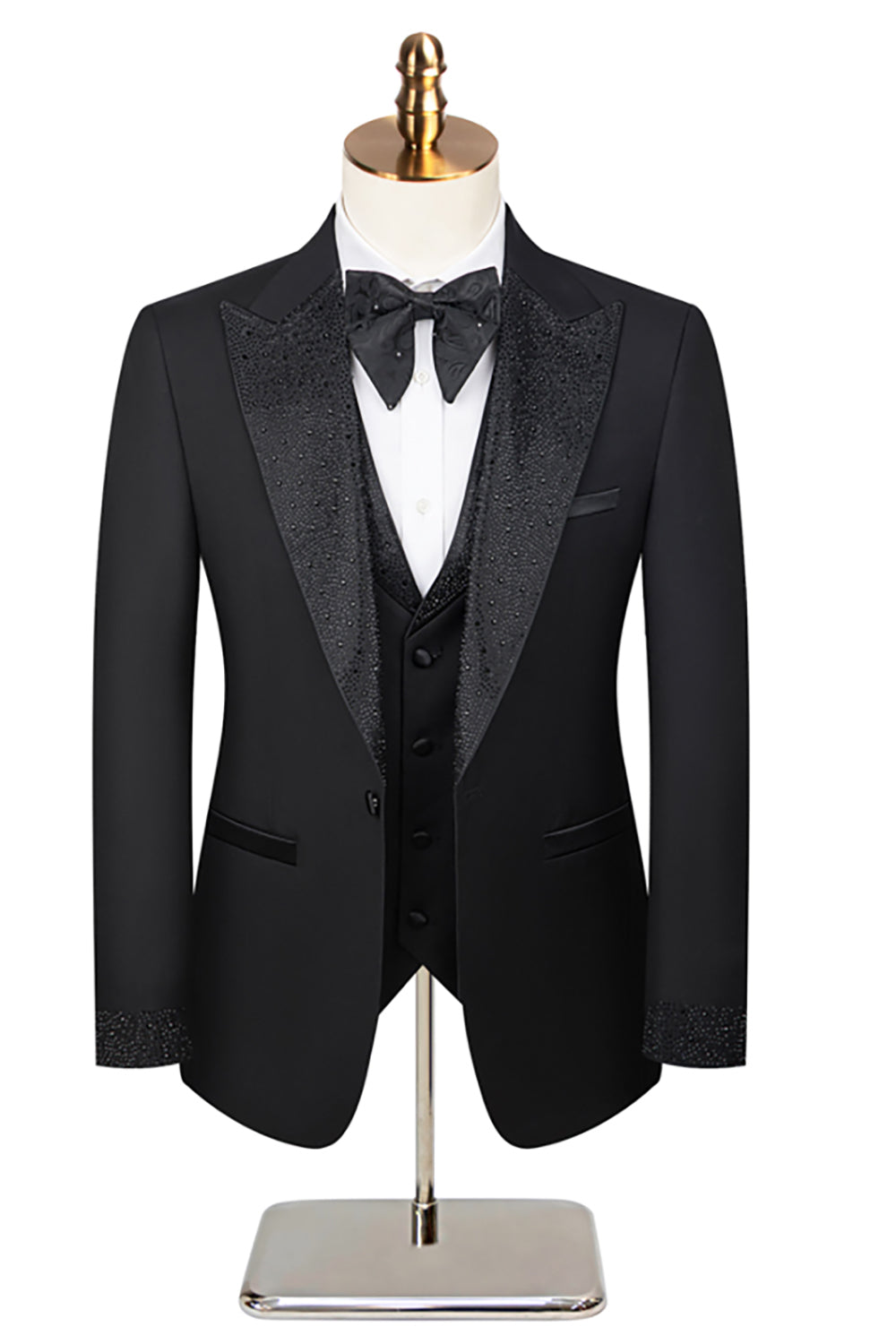 Men's Black Peaked Lapel Beaded 3 Pieces Wedding Suits