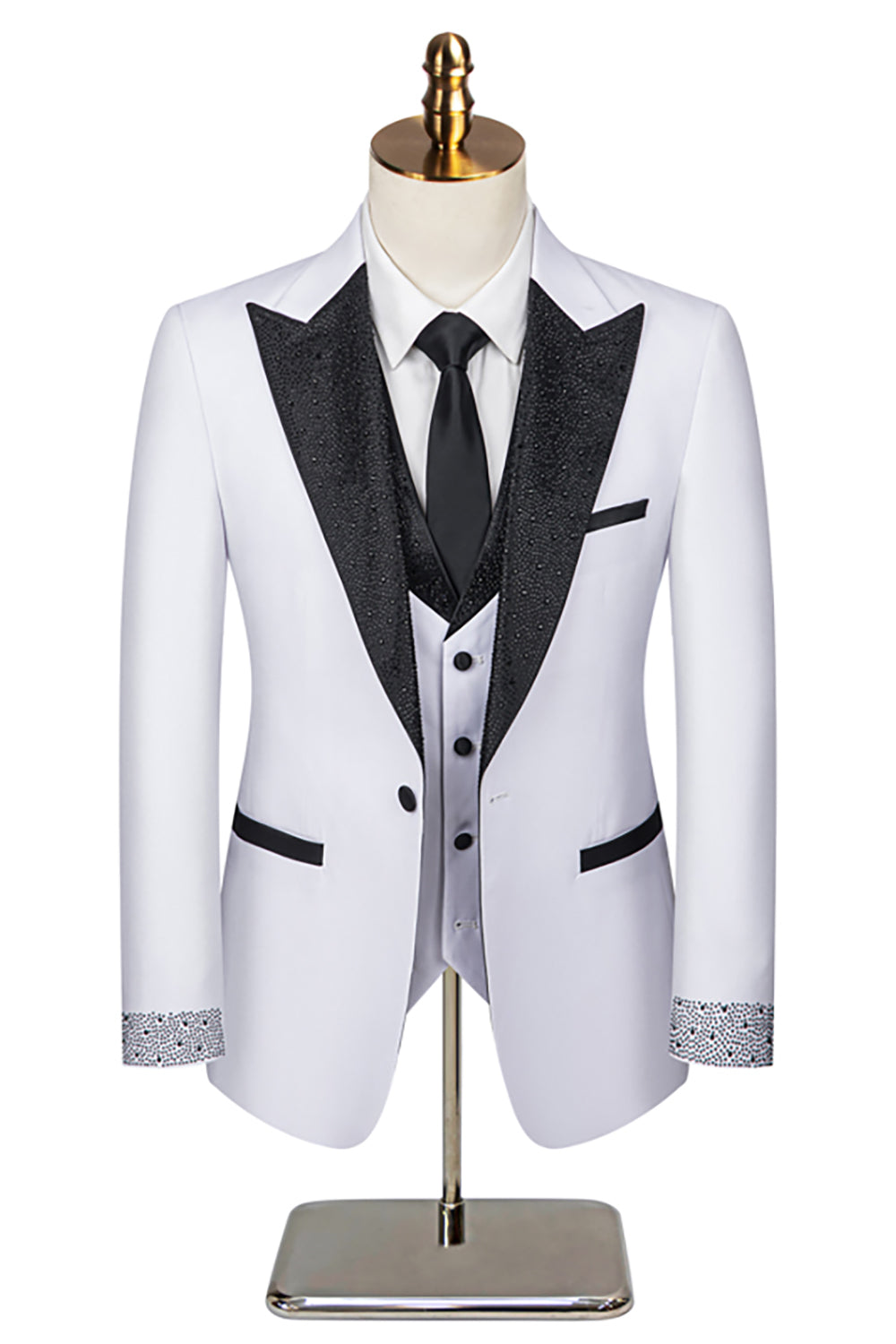 Men's Black Peaked Lapel Beaded 3 Pieces Wedding Suits