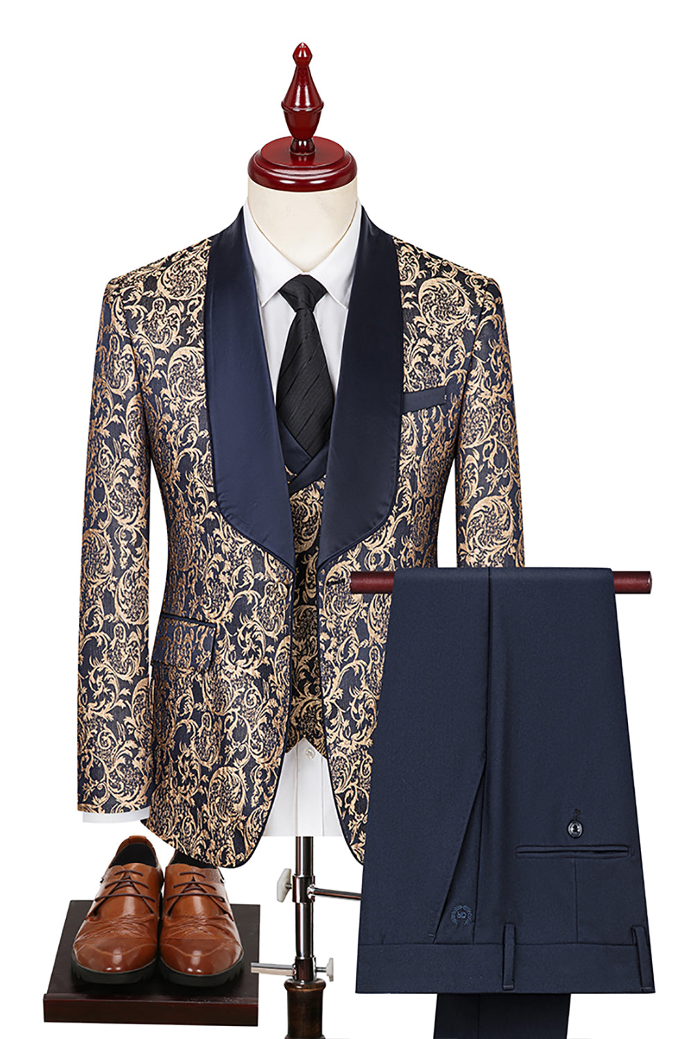 Dark Green Jacquard Shawl Lapel 3 Pieces Prom Suits