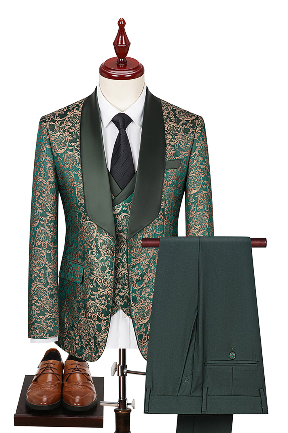 Dark Green Jacquard Shawl Lapel 3 Pieces Prom Suits