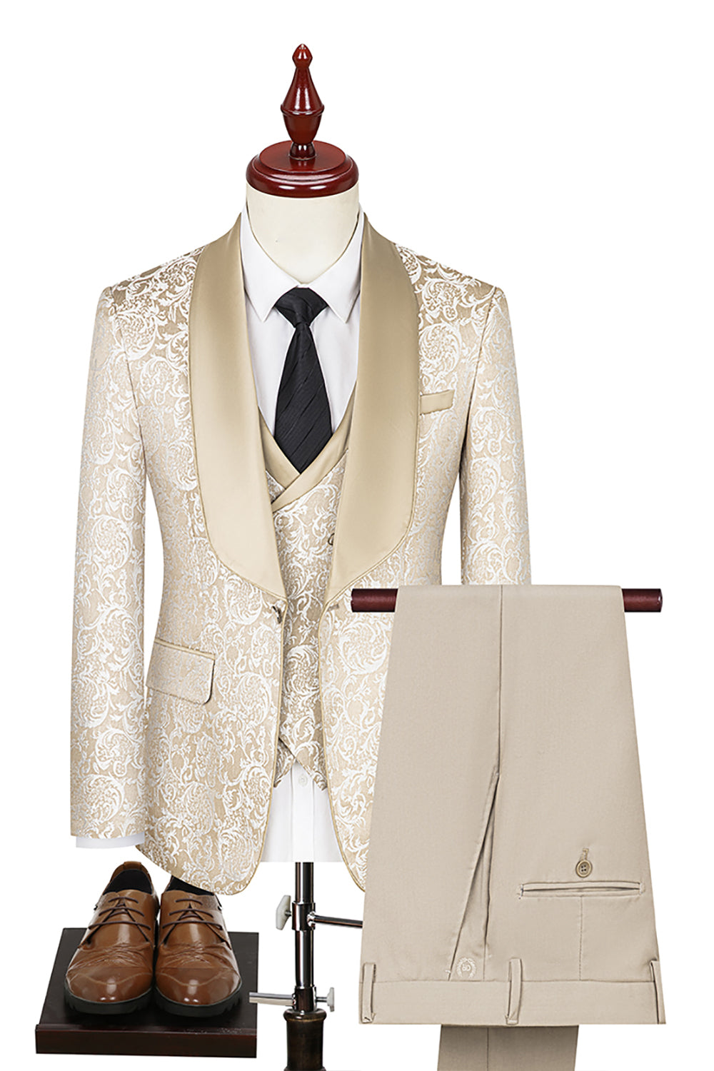 Dark Green Jacquard Shawl Lapel 3 Pieces Prom Suits