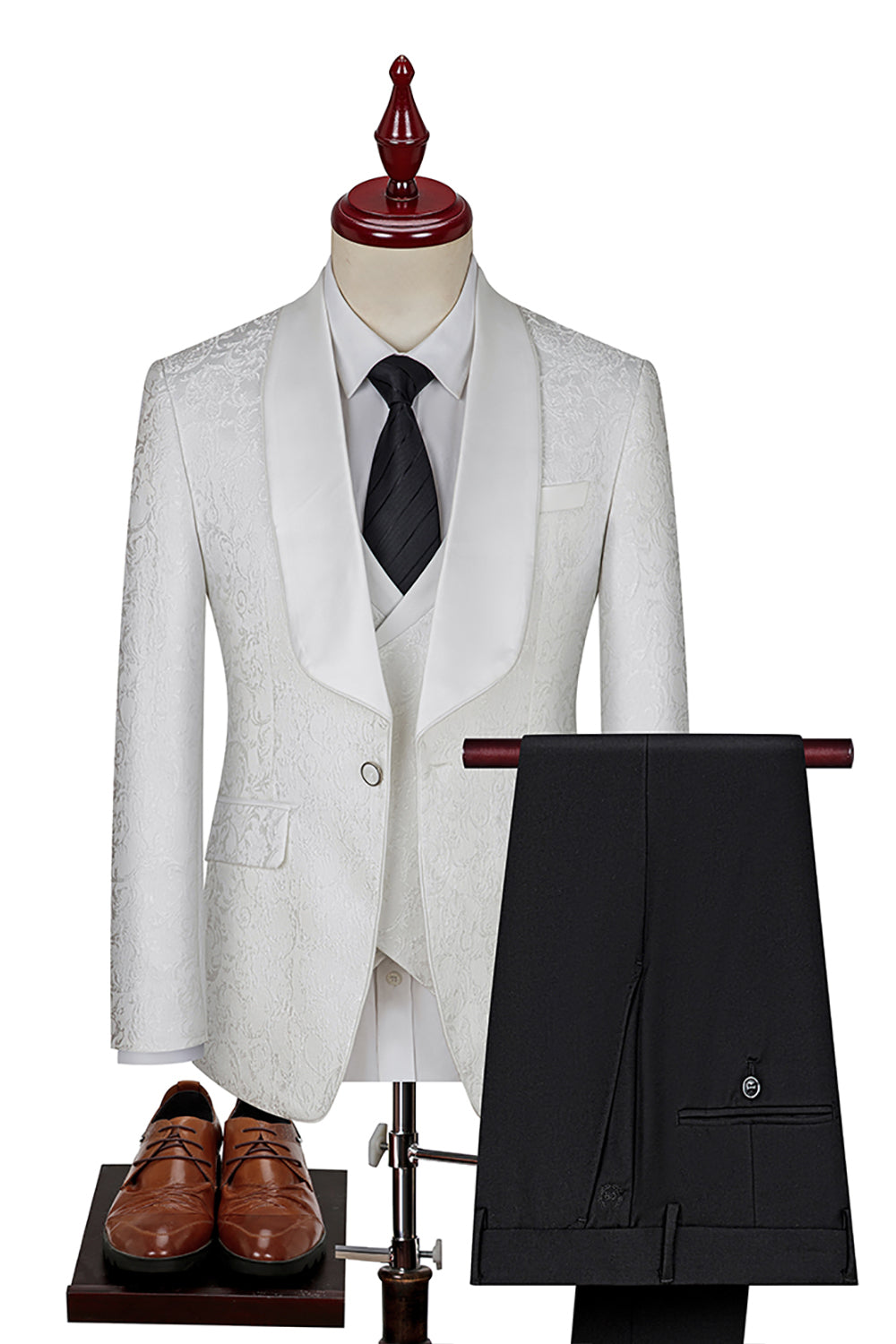 Dark Green Jacquard Shawl Lapel 3 Pieces Prom Suits