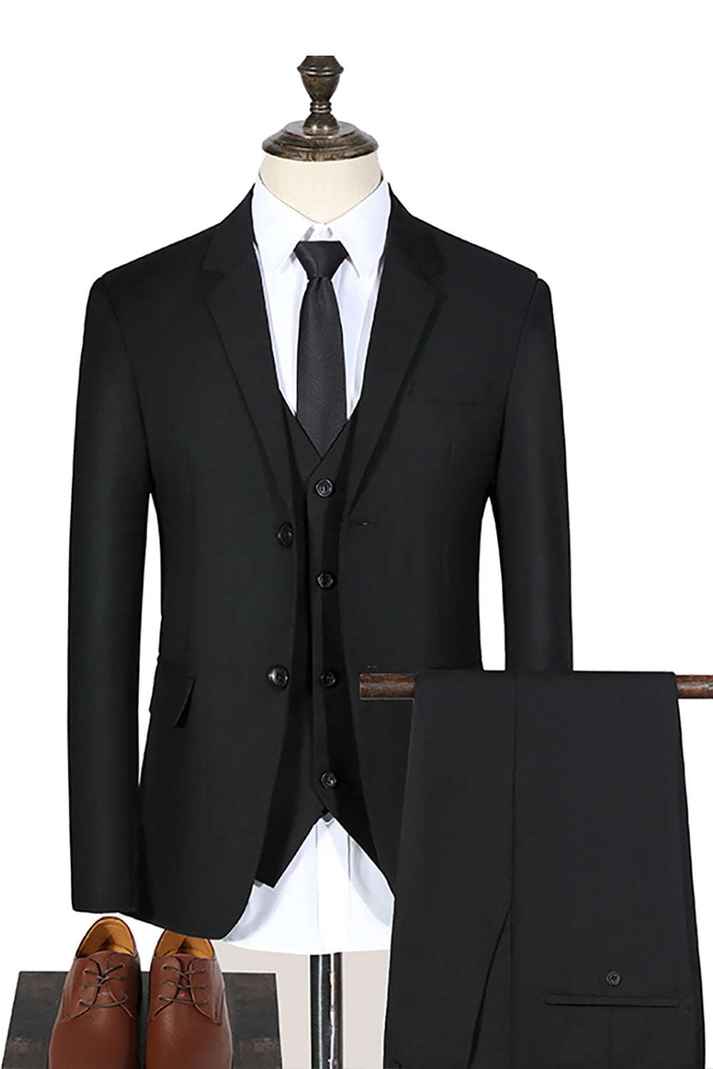 Black Notched Lapel 3 Pieces Slim Fit Men's Suits
