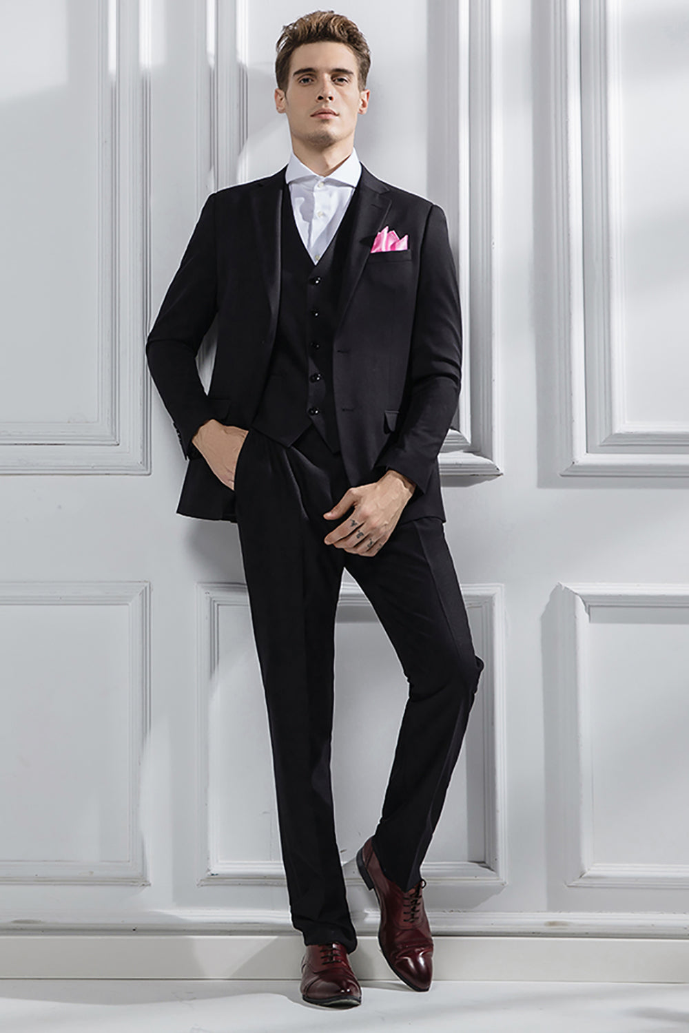 Black Notched Lapel 3 Pieces Slim Fit Men's Suits
