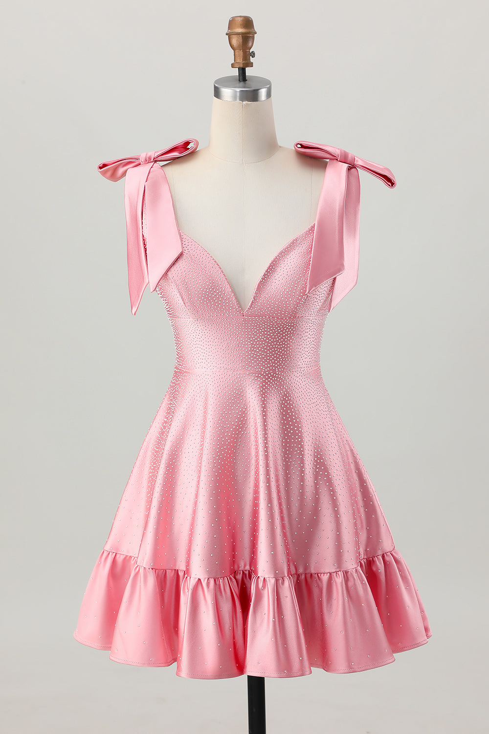 Blush Pink A Line V-Neck Satin Homecoming Dress with Bows