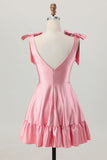 Blush Pink A Line V-Neck Satin Homecoming Dress with Bows