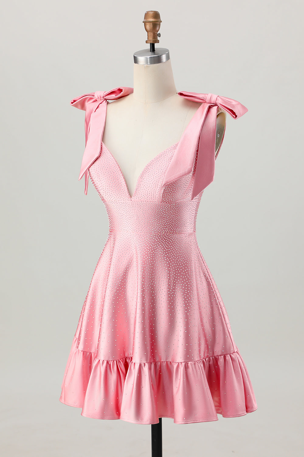 Blush Pink A Line V-Neck Satin Homecoming Dress with Bows