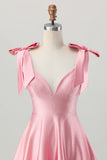 Blush Pink A Line V-Neck Satin Homecoming Dress with Bows