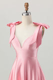 Blush Pink A Line V-Neck Satin Homecoming Dress with Bows